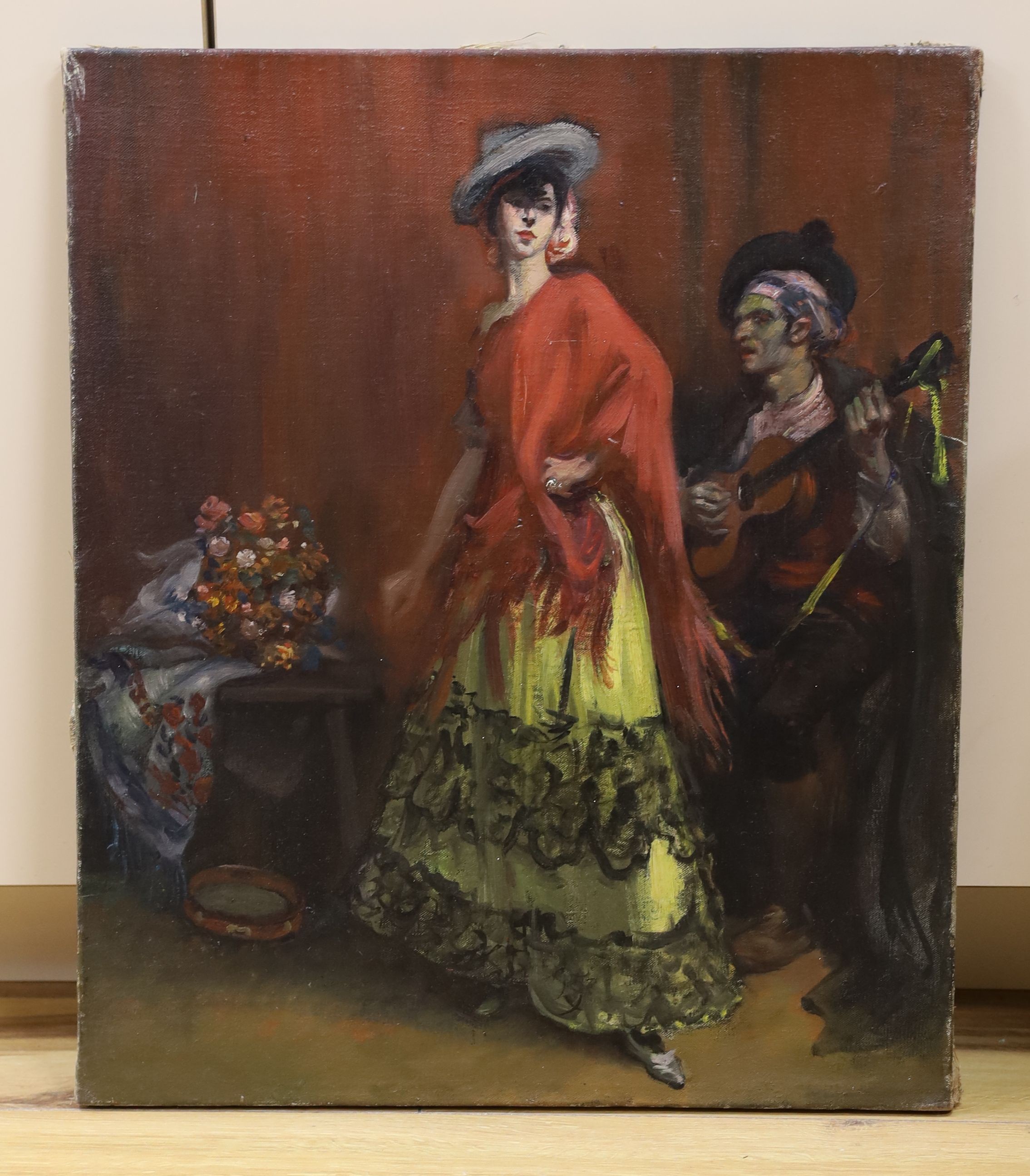 French School, oil on canvas, Flamenco dancer and musician, 55 x 46cm, unframed